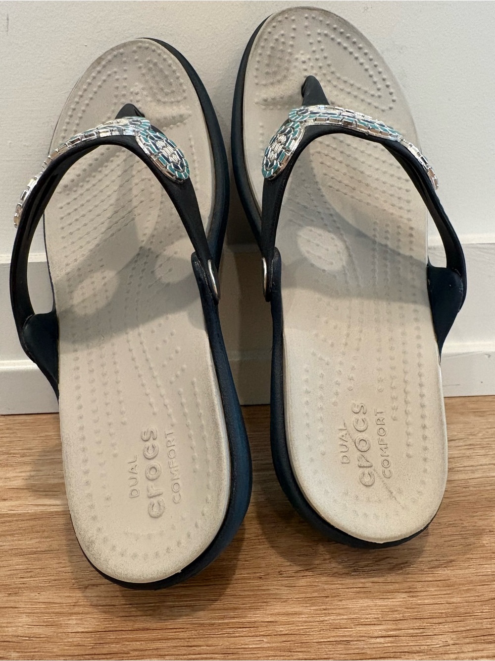 CROCS Sarah Diamante Wedge Flip Sandals Dual Comfort in Navy and Turquoise 8 - Picture 8 of 11